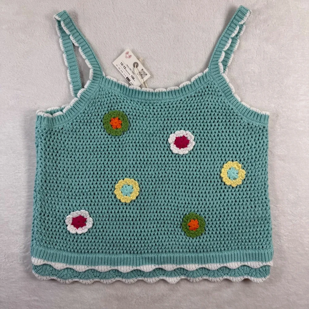 Zara Girls Teal Crochet Floral Applique Tank Top 100% Cotton Size 12-13 NEW